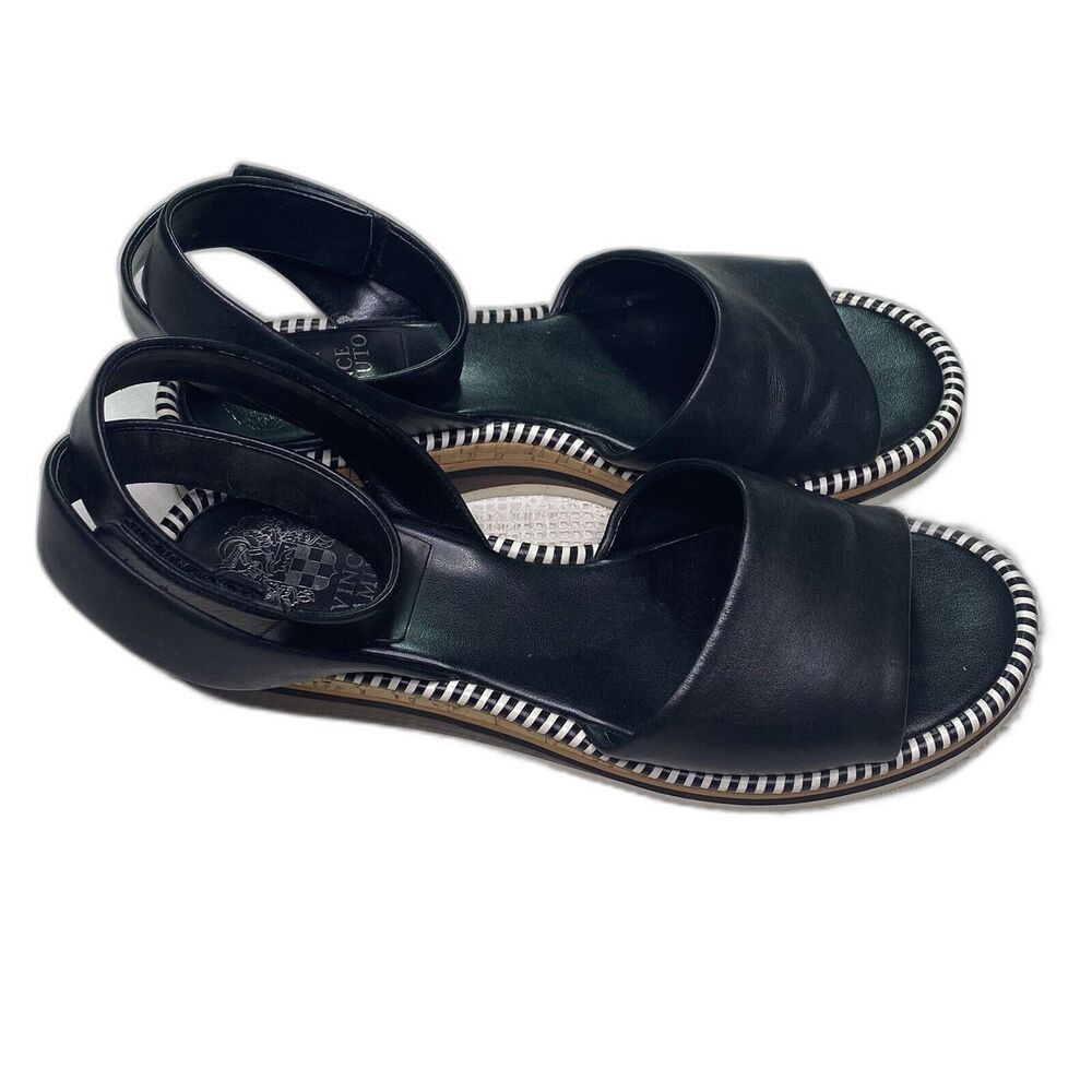 Vince Camuto Moirina Leather Sandals Low Wedge Ankle Strap Womens 8.5 Black